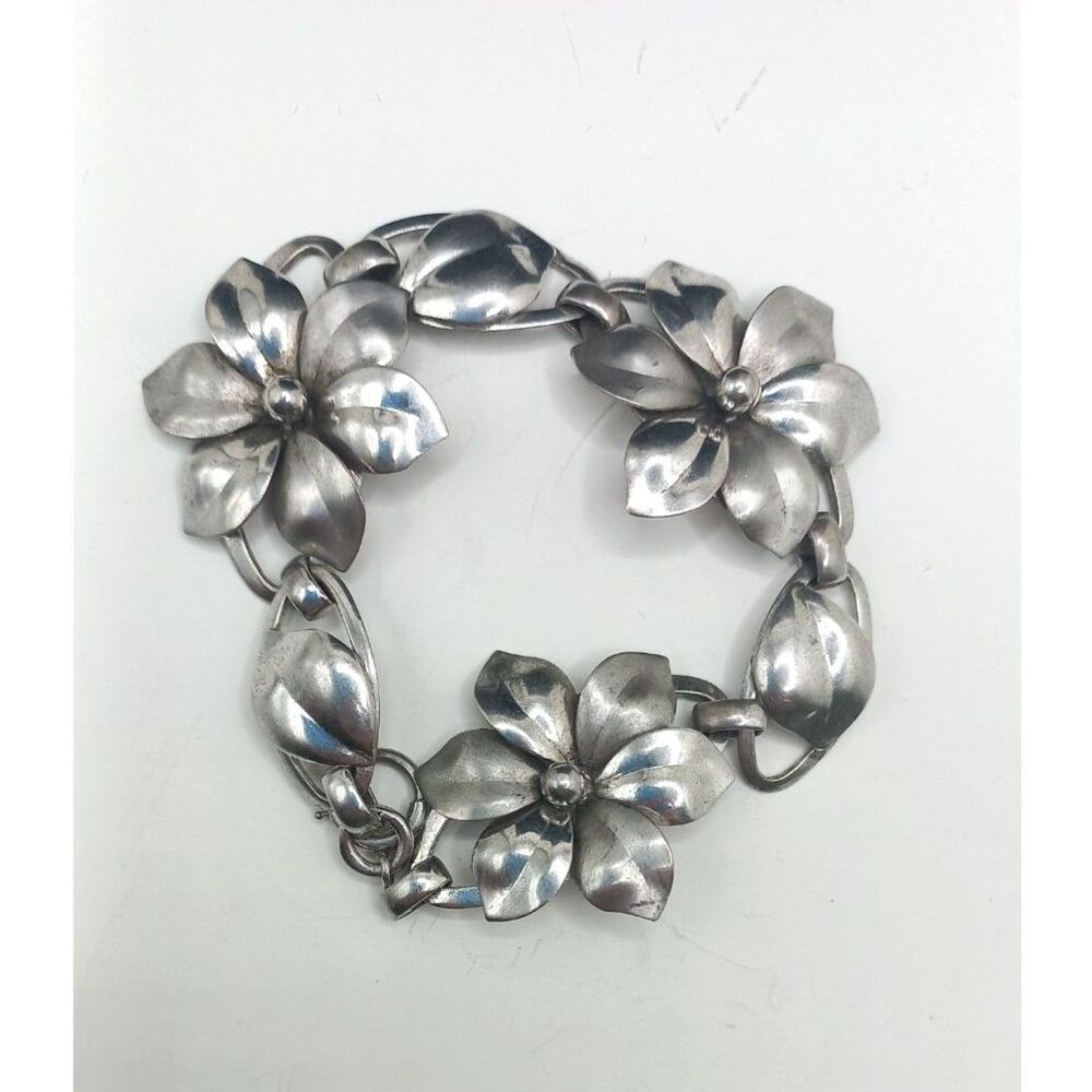 Vintage HSB Sterling Silver Dogwood Flower Link Bracelet Mid Century Signed 1940
